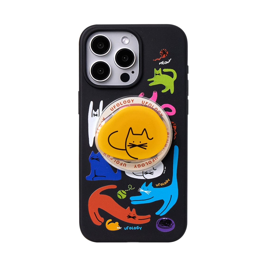 The Colorful Cats MagSafe iPhone 16 Pro Max Case features a vibrant design with colorful cat illustrations and includes a yellow phone grip with a cat face design in the center, offering an all-inclusive protective cover.