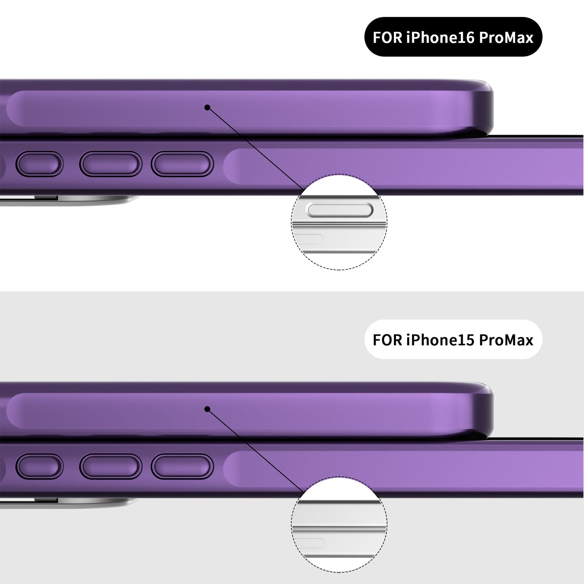 Comparison of the side view of iPhone 16 Pro Max and iPhone 15 Pro Max, focusing on the buttons, design differences, and how the Silky Touch iPhone 16 Pro Max Case with Ring Holder enhances its sleek look with its TPU buttons and soft-touch finish.