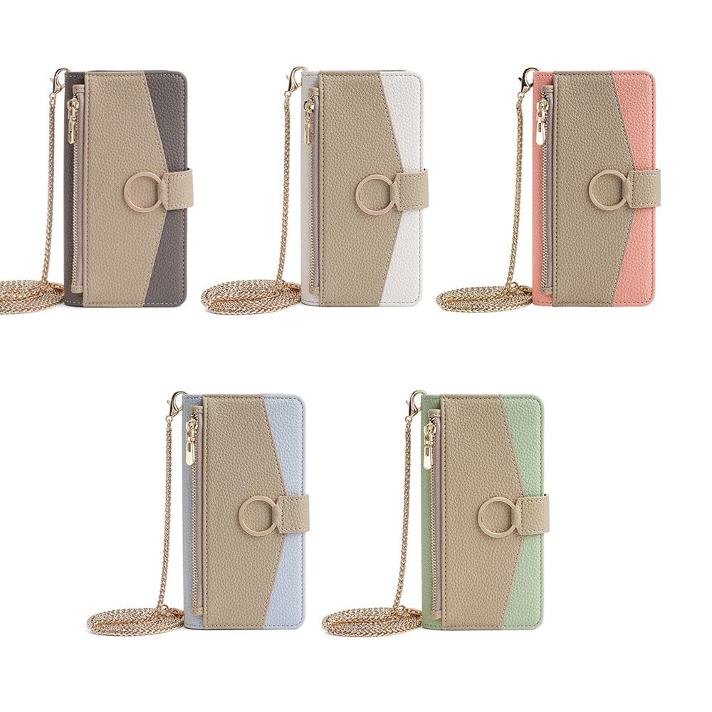 Introducing the iPhone 16 Pro Max Crossbody Wallet Case, crafted from PU leather and featuring a built-in mirror, card slots, hidden stand, and detachable strap. Available in five stylish colors: gray, white, pink, blue, and green.