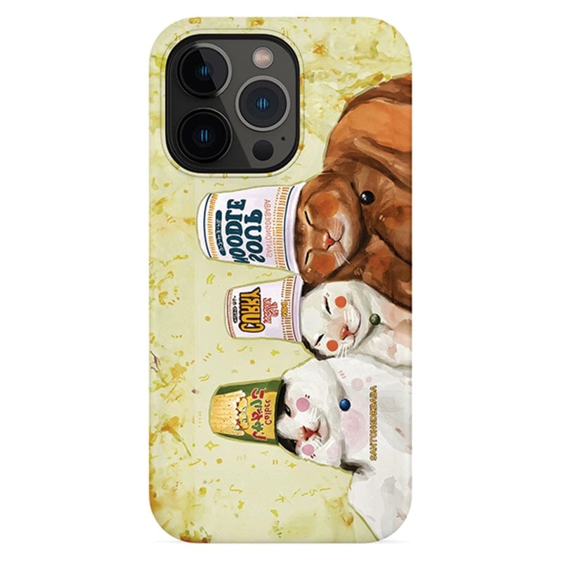 Adorable Cats & Cup Noodles iPhone 16 Pro Max Case - A cute and quirky design featuring a colorful illustration of four cats, each with a different food product label on their heads, resting on a light beige background. Ultra-slim and offering full protection.