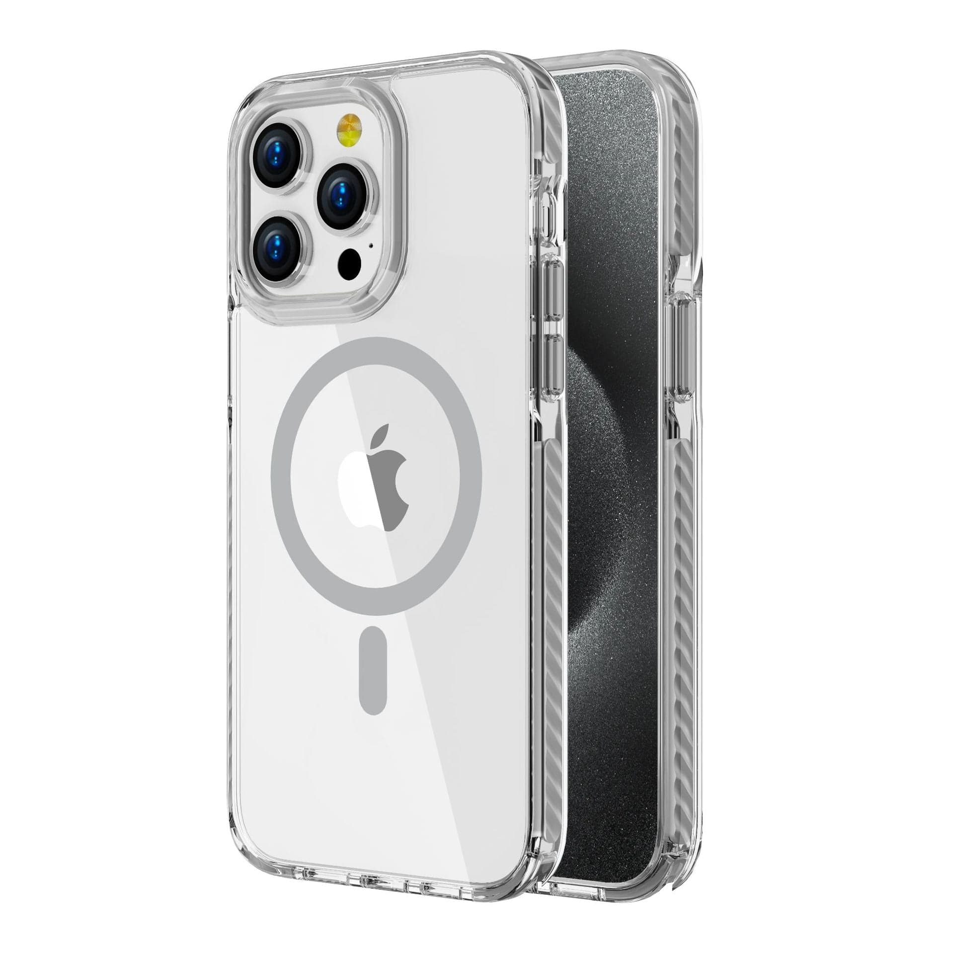 iPhone 16 Pro Max Case - Acrylic Backplate with TPU Frame, featuring MagSafe compatibility, displayed on a white iPhone. The Apple logo and MagSafe ring are easily visible on the back of the case.