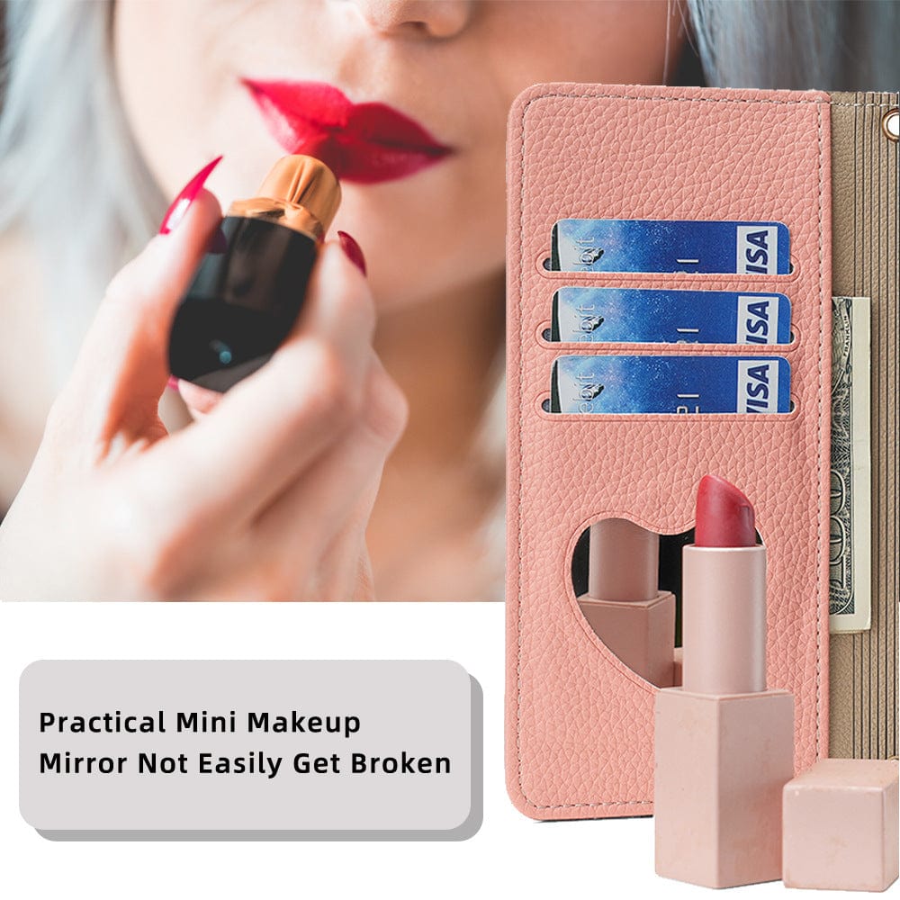 Person applying red lipstick using the built-in mirror on a pink iPhone 16 Pro Max Crossbody Wallet Case. The wallet case, made of PU leather, conveniently holds three credit cards. Text reads: "Practical Built-In Mirror Not Easily Broken." Perfect for on-the-go convenience.