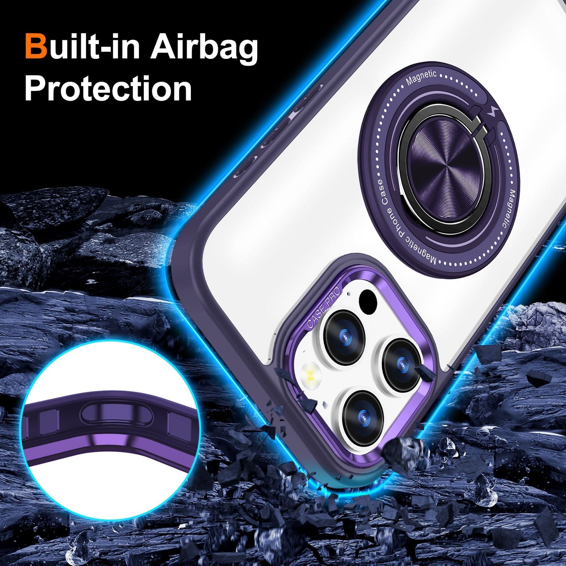 The Magnetic Ring iPhone 16 Pro Max Case, featuring built-in airbag protection and a 360° rotating finger ring stand, is showcased with an emphasis on the camera area and airbag corners against a rocky background. It's MagSafe compatible for seamless charging.