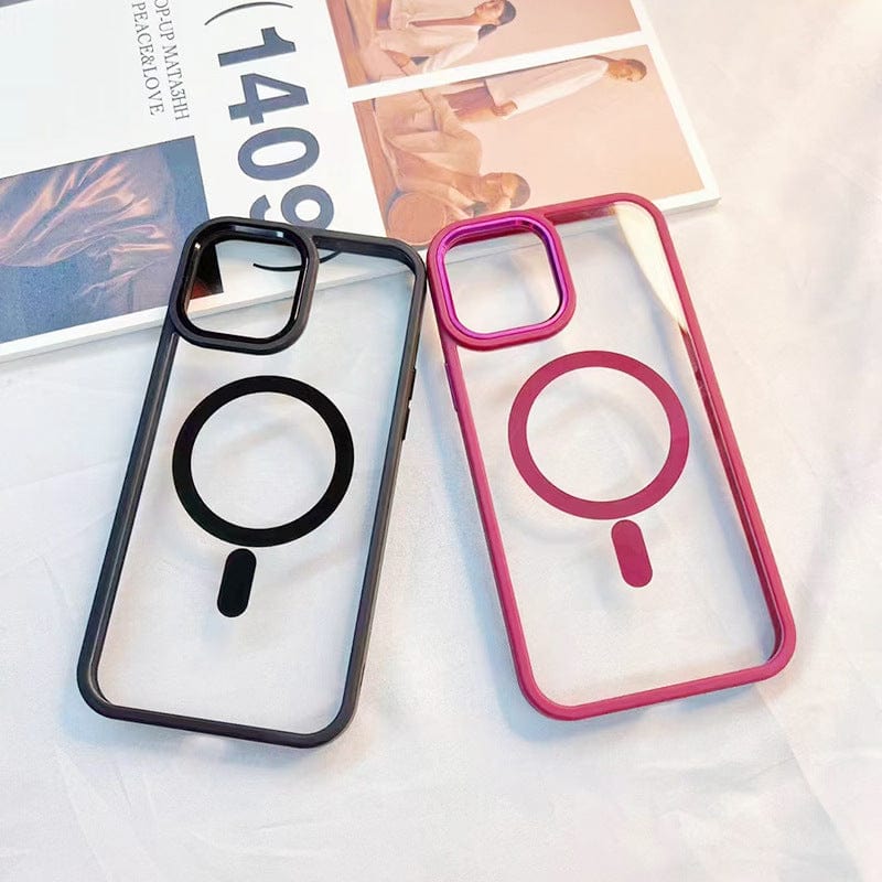 Two MagSafe Compatible iPhone 16 Pro Max cases featuring circular designs, one in black and the other in pink, are displayed on a white surface next to a magazine with the number "1409" visible.