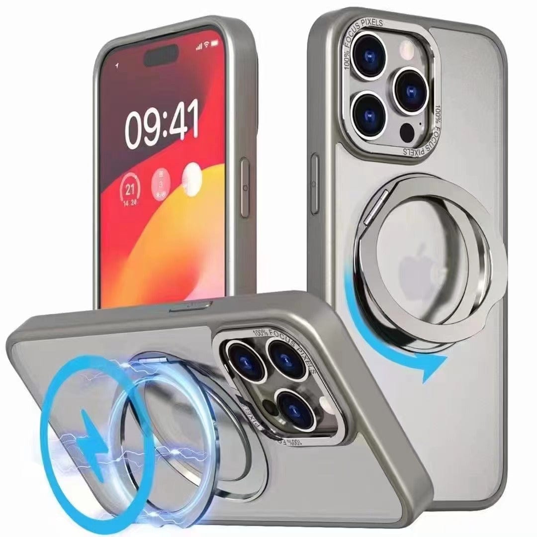 Three views of the iPhone 16 Pro Max Case - Shockproof with 360° Rotating Stand, MagSafe Compatible, Anti-Fingerprint, Anti-Smudge, featuring a metallic finish with a camera cutout and a circular ring stand on the back. The phone screen displays 09:41 and several icons.