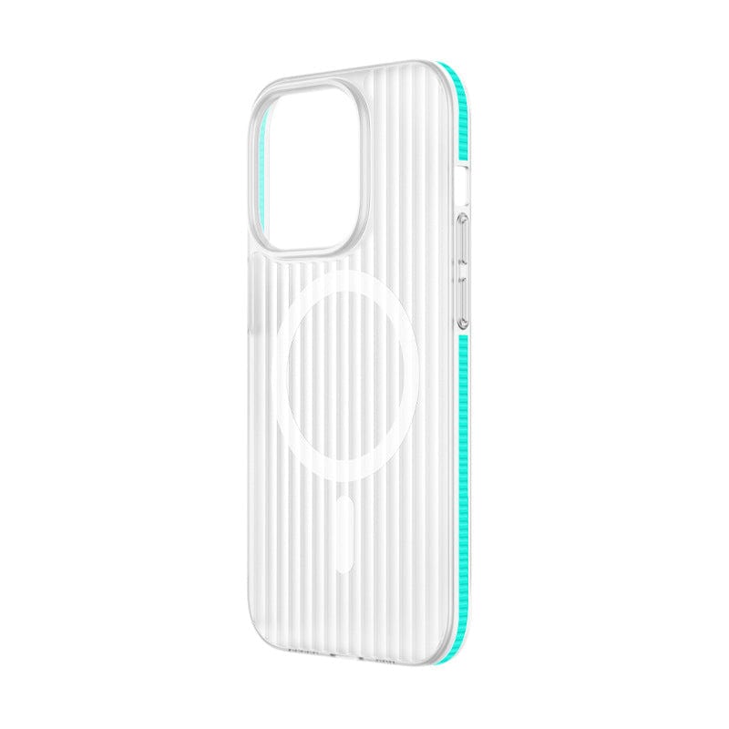 An iPhone 16 Pro Max Case with a shockproof slim design, featuring a corrugated matte textured back and smooth sides with button cutouts, and MagSafe compatibility.