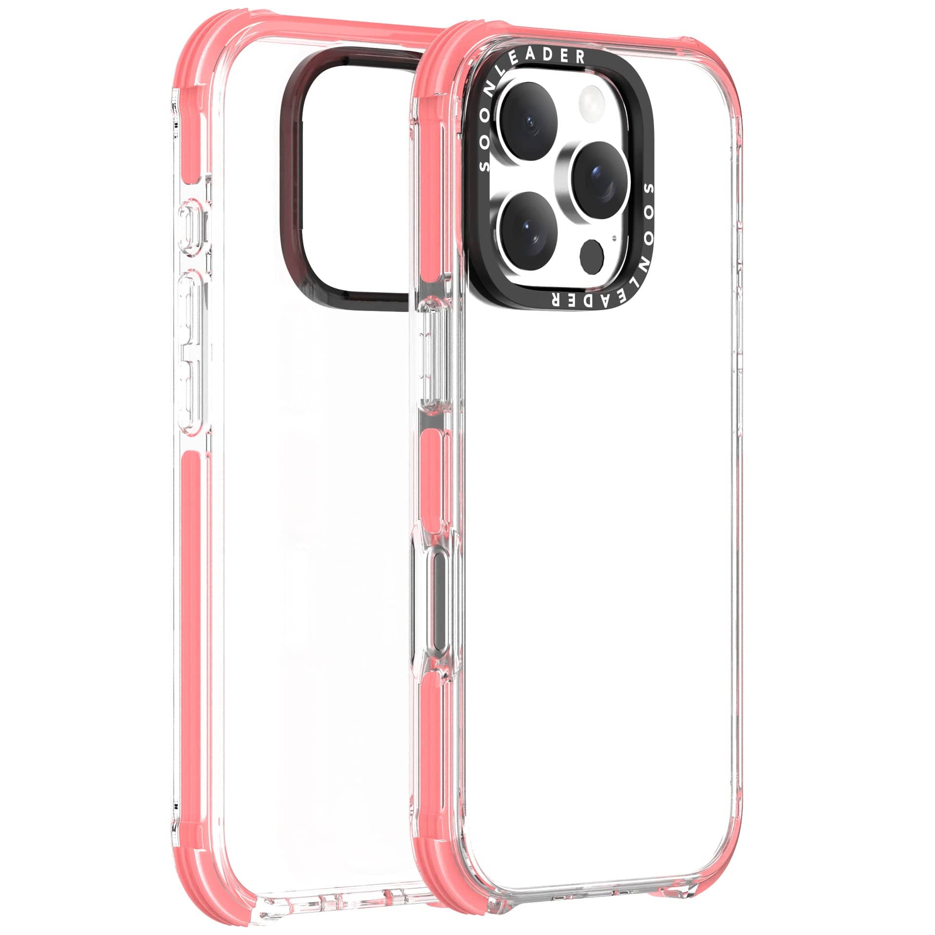 Clear iPhone 16 Pro Max case with pink borders, showcasing the back view with a camera cutout and the front view, featuring military-grade drop protection and anti-yellowing technology.