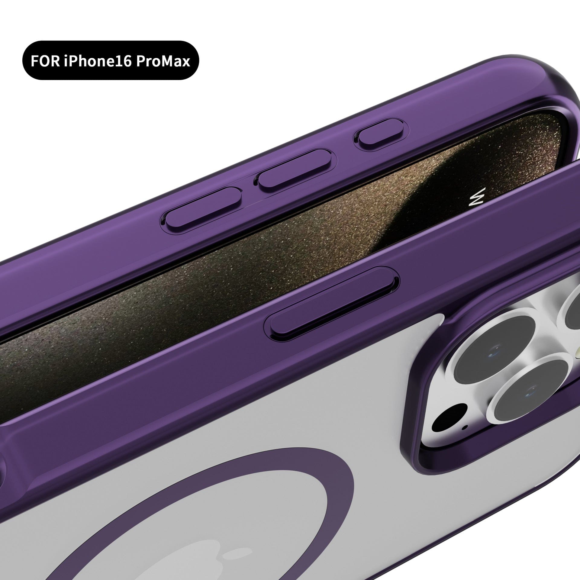 Close-up image of the MagSafe Compatible iPhone 16 Pro Max Case with Kickstand in purple and white, highlighting the side buttons and camera cutout.