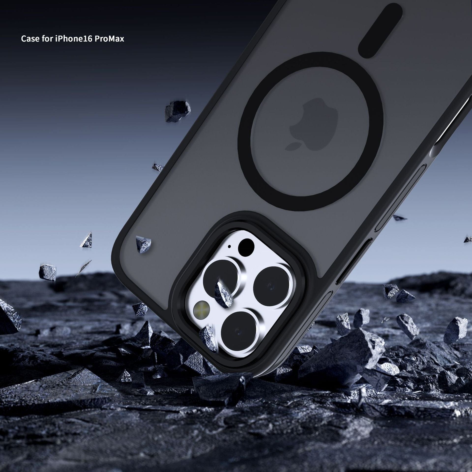 A close-up of the Soft-Touch iPhone 16 Pro Max Case with MagSafe, featuring a dual-color TPU design, hovering above a rocky surface. Multiple small rocks are seen flying around, likely due to an impact. Text in the corner reads "Shockproof Protective Cover for iPhone 16 Pro Max.