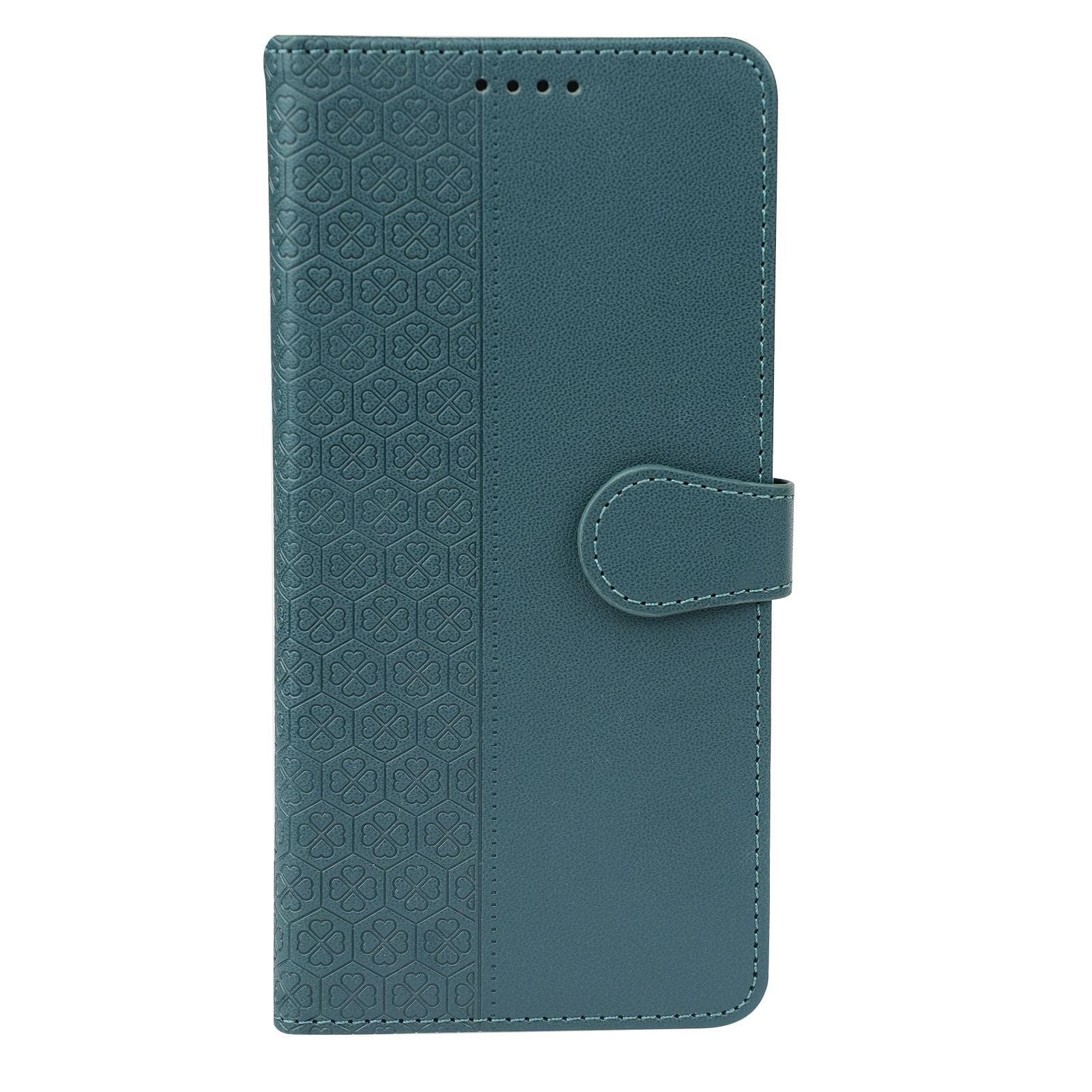 A synthetic leather iPhone 16 Pro Max Wallet Case in teal, featuring a patterned section on the left side and a magnetic flap closure.