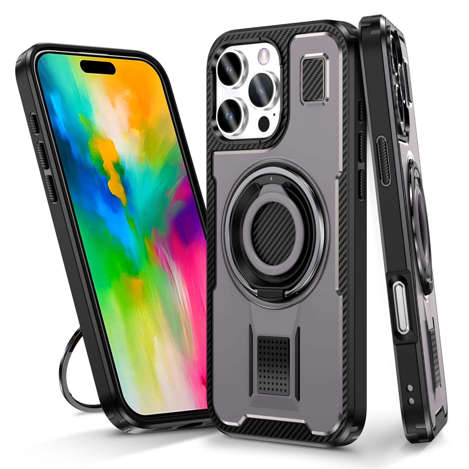 Heavy-duty iPhone 16 Pro Max case with a 360° rotating ring holder, kickstand, and camera lens cover displayed on a phone with a colorful screen background.