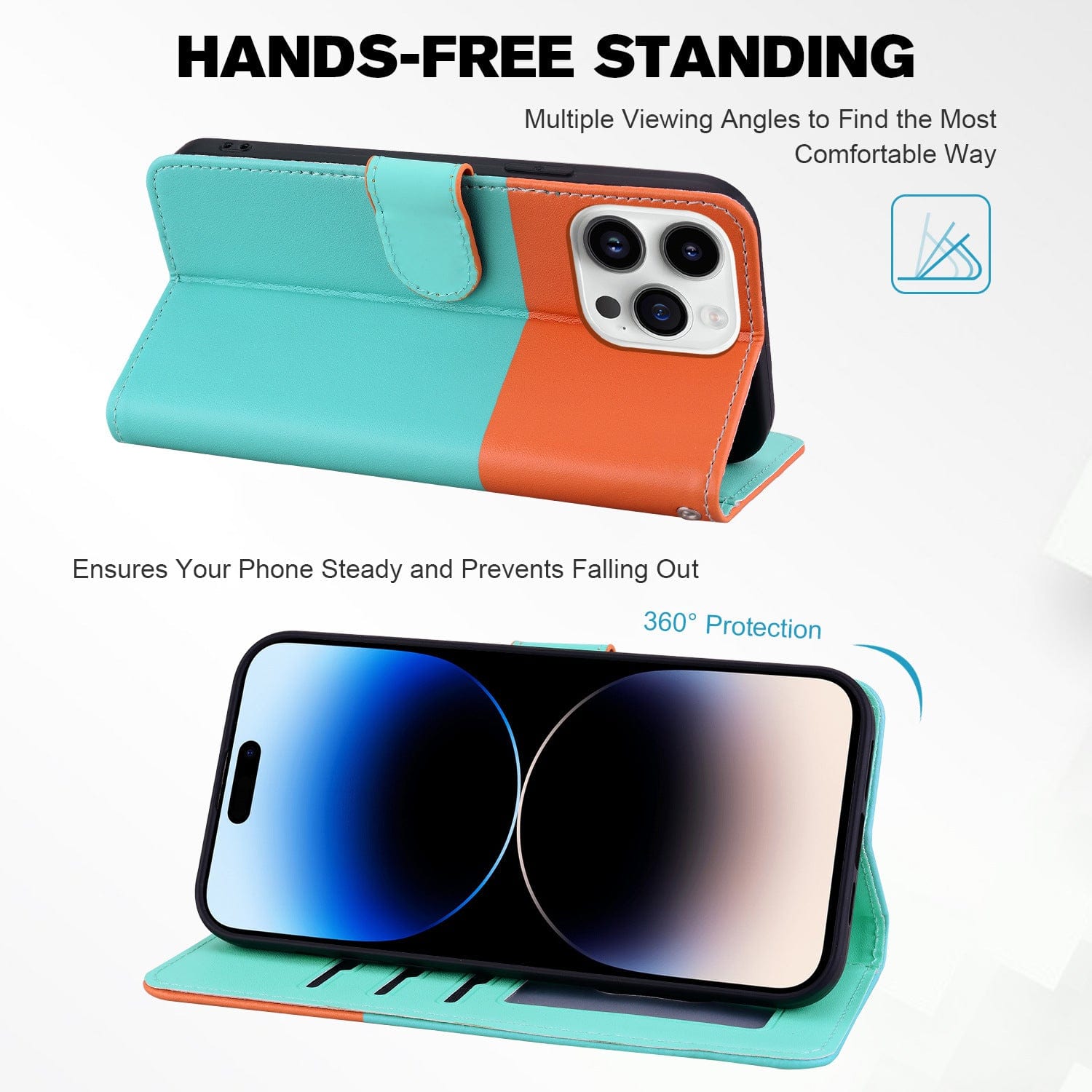 The Cute Cartoon iPhone 16 Pro Max Wallet Case in teal and orange is a shockproof flip cover with hands-free standing capability, offering 360° protection while securely holding your smartphone.