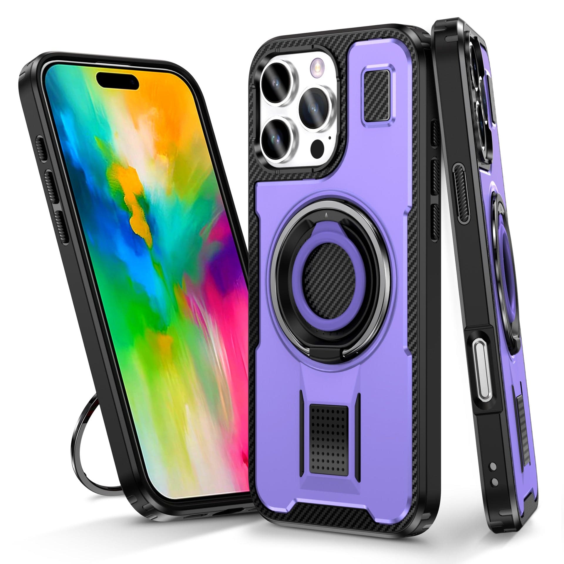 A smartphone with a colorful display is shown encased in the Heavy-Duty iPhone 16 Pro Max Case, featuring a 360° rotating ring holder and kickstand on its back. The rugged protective cover also includes MagSafe compatibility and stylish carbon fiber accents.