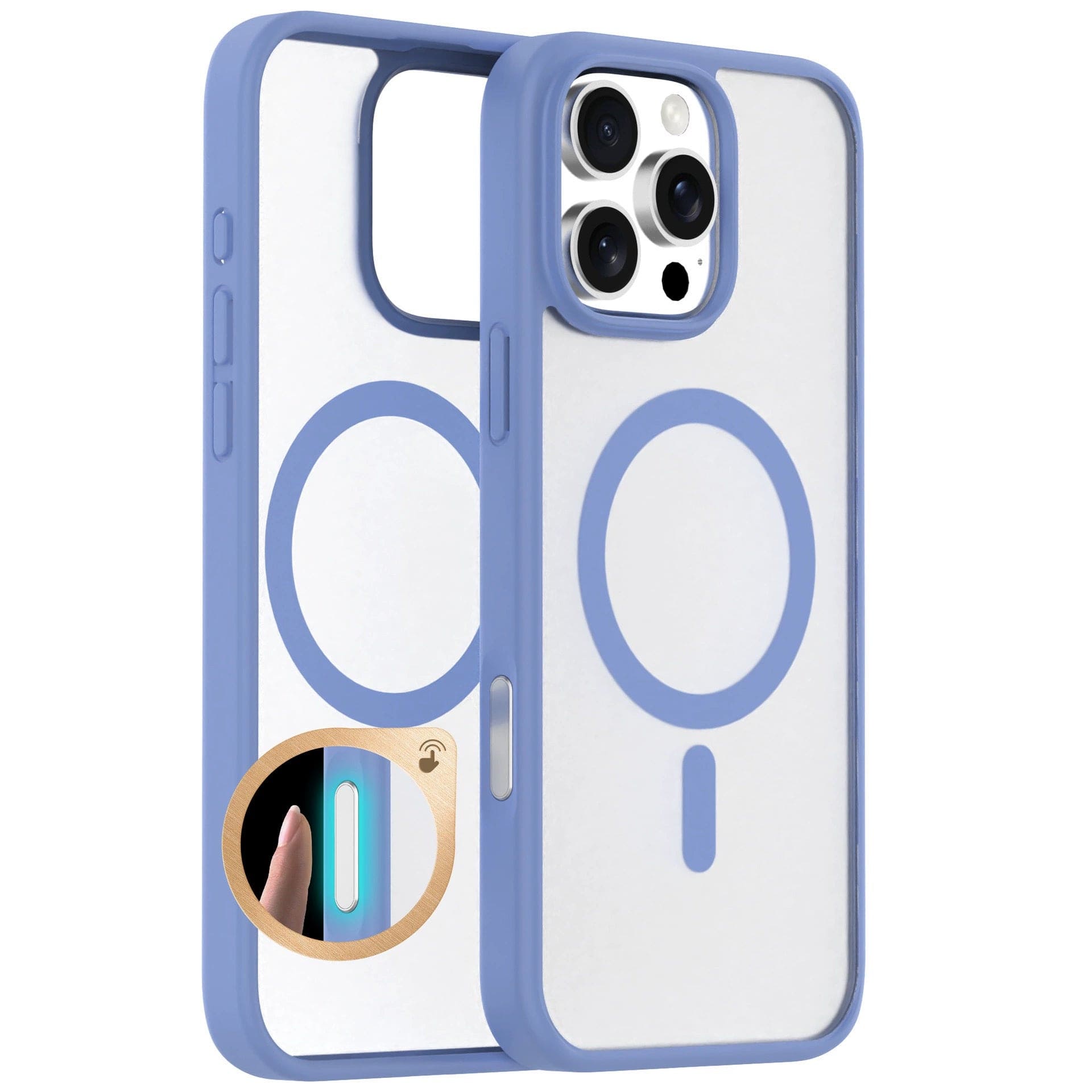 Transparent iPhone 16 Pro Max case with blue trim, MagSafe compatibility, and anti-fingerprint texture. Features a small inset detail showing a finger pressing the capture button, alongside 24 strong magnets for stable attachment.