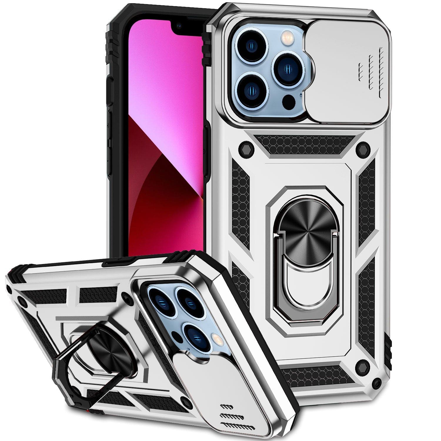 A rugged, shockproof iPhone 16 Pro Max case in silver and black is showcased, complete with reinforced corners, textured sides, and a built-in magnetic ring stand. The phone screen exhibits a pink and red gradient background.