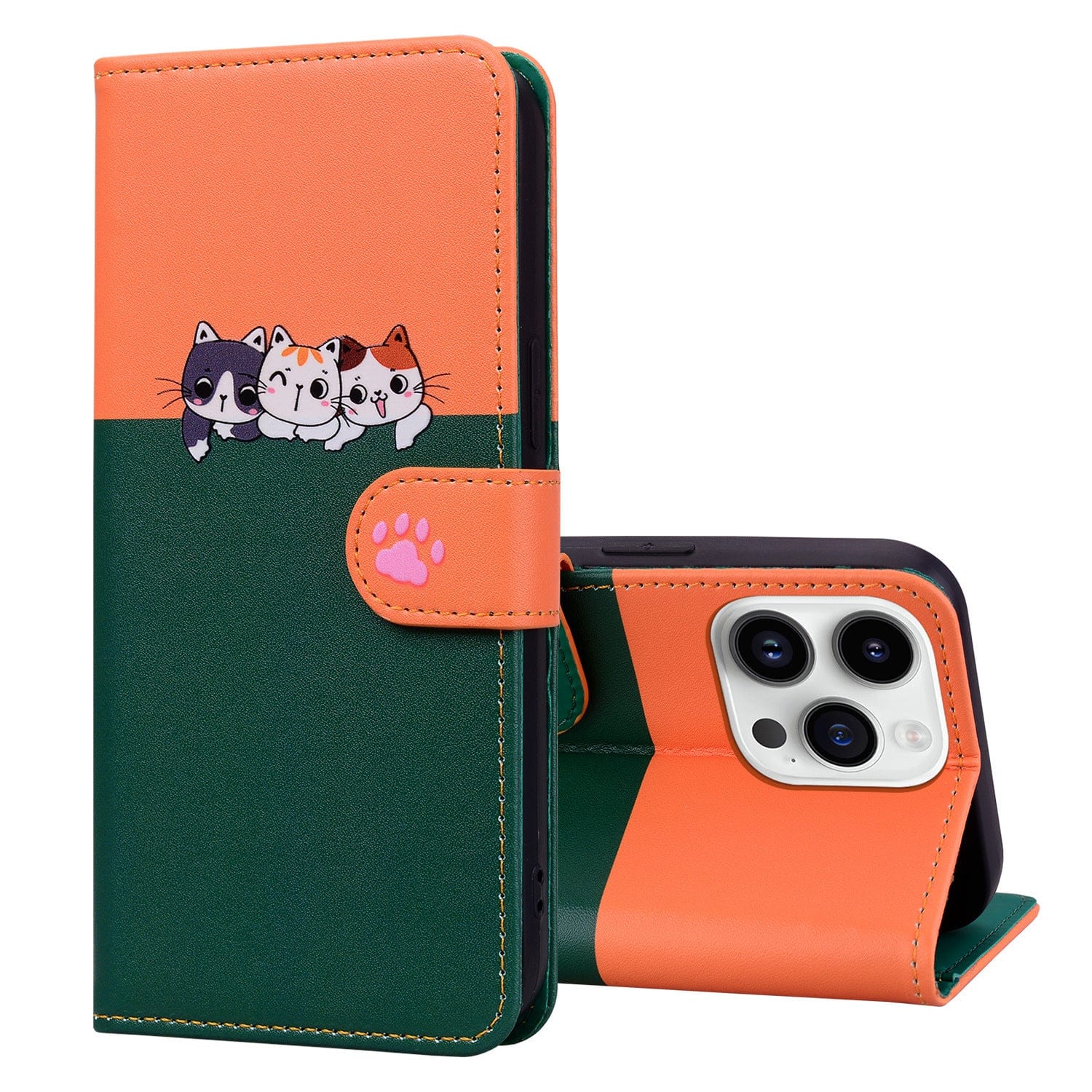 Featuring a green and orange design with cartoon cats, the "Cute Cartoon iPhone 16 Pro Max Wallet Case - Shockproof Flip Cover with Stand, Drop Protection, and Card Slots" is displayed both open and closed, highlighting its wallet-style design and camera cutout.