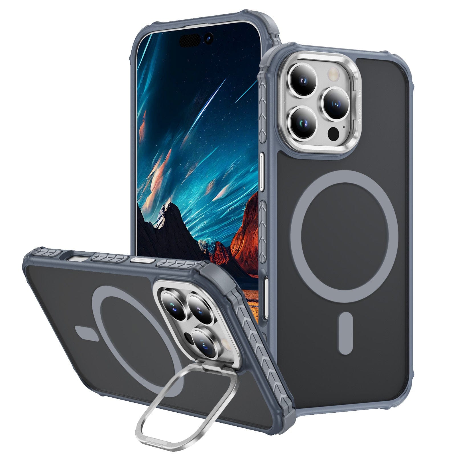 Two smartphones in protective cases are displayed. One, an iPhone 16 Pro Max Rugged MagSafe Case with orange accents, stands upright showing a mountain and sky wallpaper, while the other lies flat, highlighting the case's built-in metal kickstand and dual-layer shockproof protection.