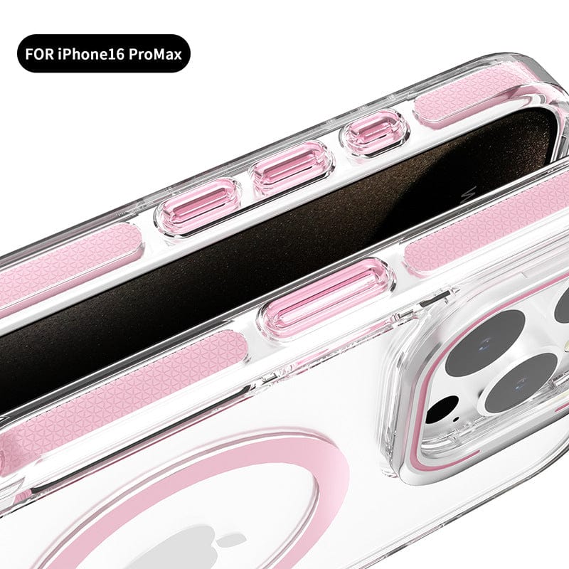 Close-up of the Clear MagSafe iPhone 16 Pro Max Case with Acrylic Frame Stand, featuring pink accents, showcasing the camera protection cutout and side buttons made from TPU & acrylic material.