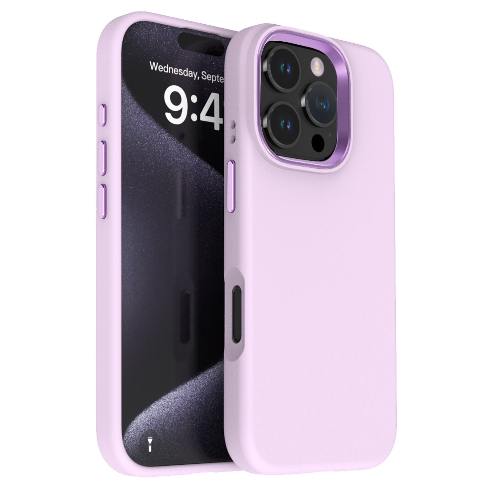 A smartphone with a large screen is shown in a light purple Liquid Silicone iPhone 16 Pro Max Case with Soft Microfiber Lining. The device displays the time 9:44 and the date Wednesday, September 13. This shockproof protective cover with a metal camera ring not only looks stylish but also offers enhanced camera protection.