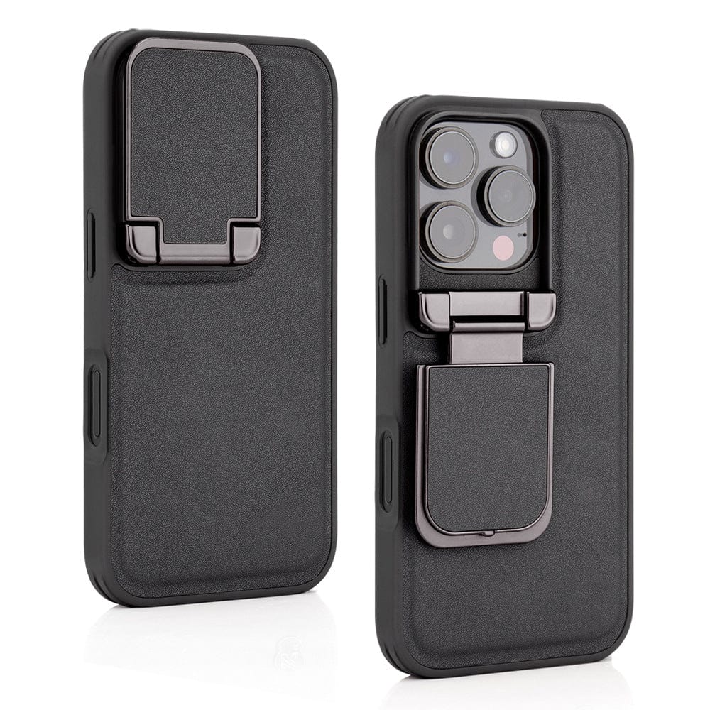 The iPhone 16 Pro Max Leather Case with Metal Kickstand | Shockproof Protective Cover with Camera Shield is shown in black, featuring a premium leather finish. One image displays the front, while the back view highlights the kickstand in an upright position.