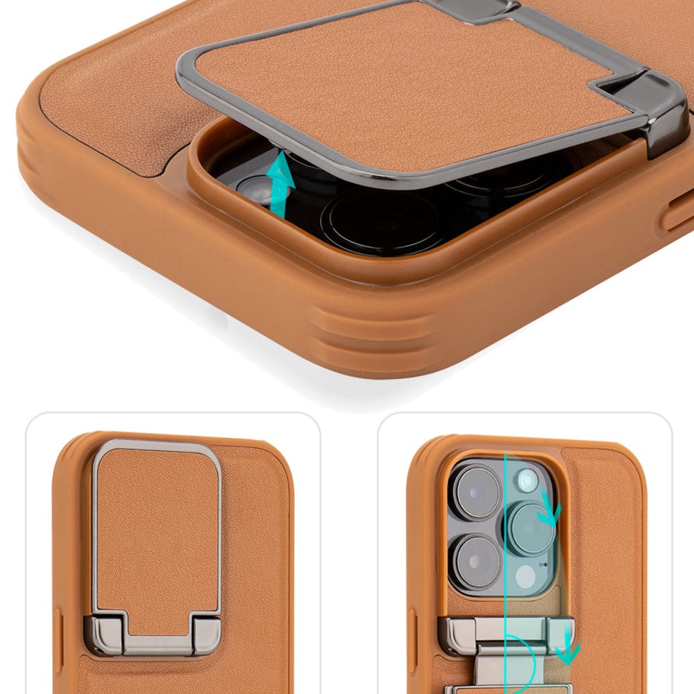 The iPhone 16 Pro Max Leather Case in brown offers a premium, shockproof protective cover that includes a metal kickstand, as well as a flip-open back cover revealing a rotatable camera shield.