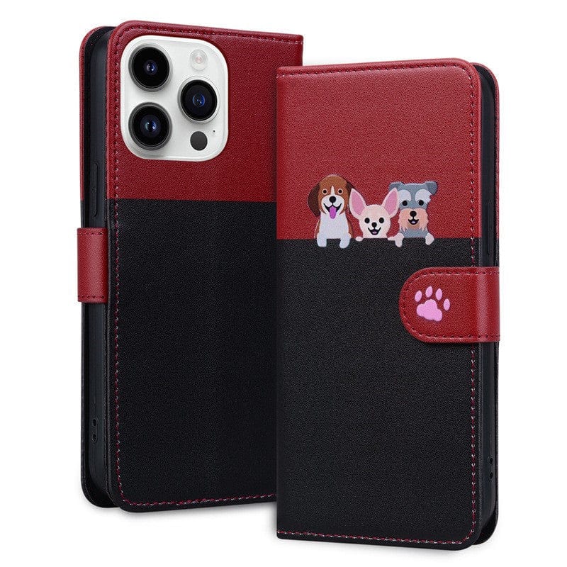 Two Cute Cartoon iPhone 16 Pro Max Wallet Cases in red and black, featuring fold covers with a small graphic of three cartoon dogs and a paw print clasp. One case is open, displaying the phone, while the other is closed.