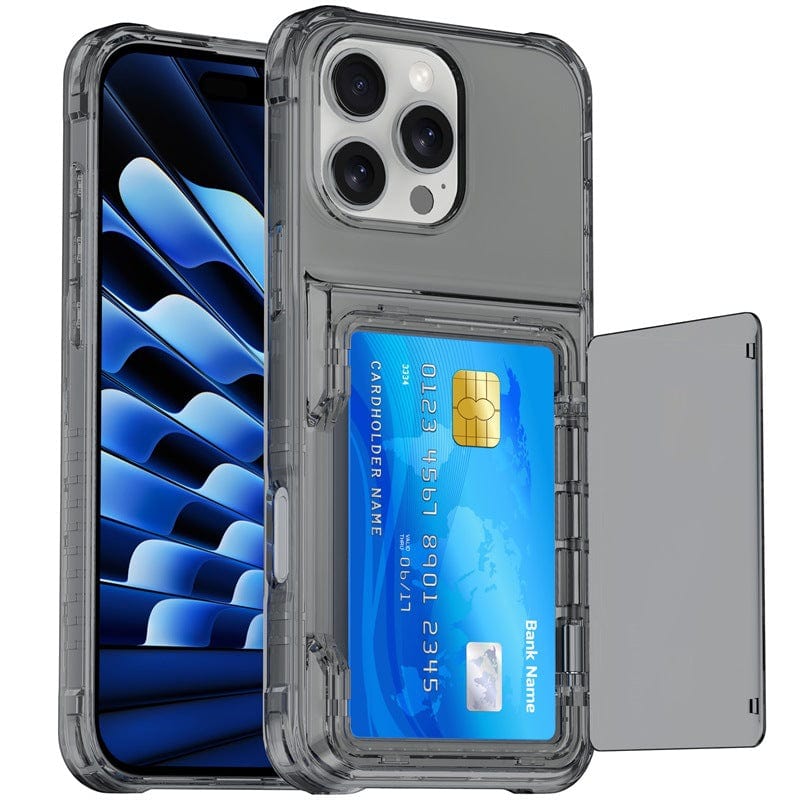 A sleek smartphone in a clear iPhone 16 Pro Max Clear Case with Kickstand and Card Holder, displaying a blue credit card partially inserted into the card holder slot on the back.