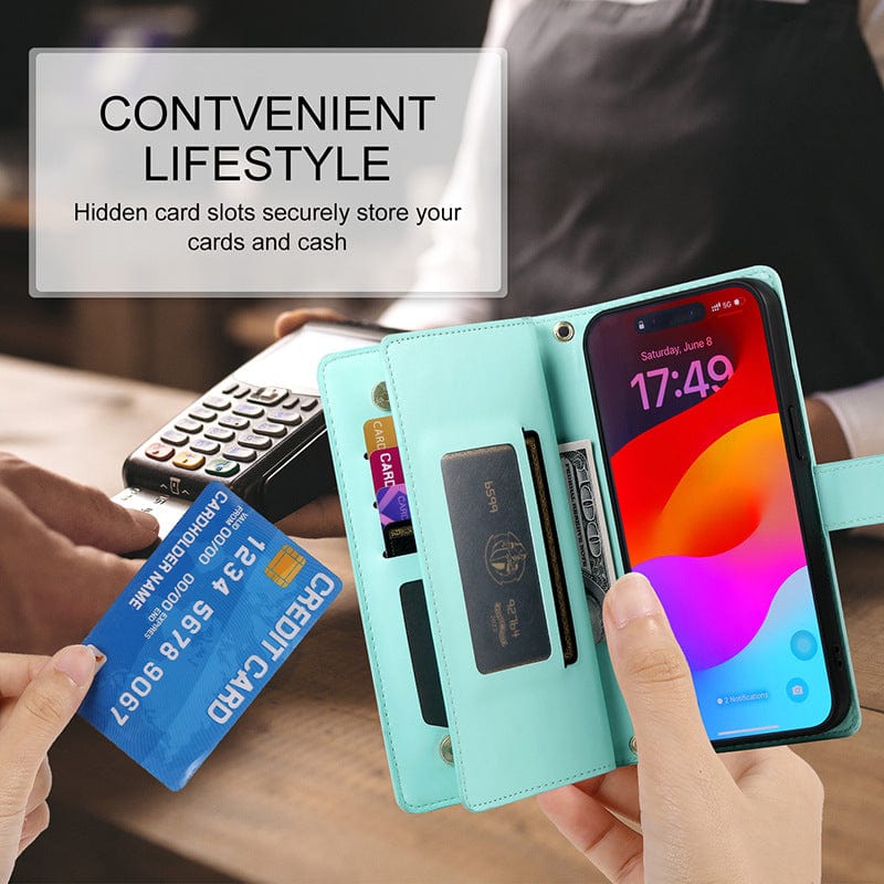 A person holds the iPhone 16 Pro Max Wallet Case with Card Holder, Zipper Pocket, and Stand Function - a premium leather folio cover - beside a payment terminal.