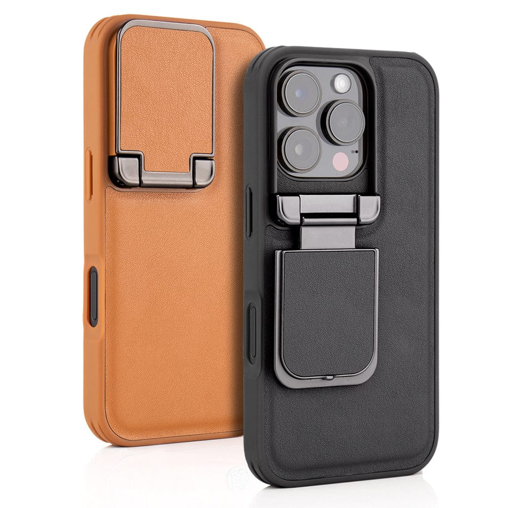 Two iPhone 16 Pro Max Leather Cases with Metal Kickstands, crafted from premium leather, one in brown and the other in black. Each features a built-in metal kickstand; the brown case offers a closed kickstand, while the black case has an open kickstand to support your phone. The design seamlessly combines functionality with an elegant touch.