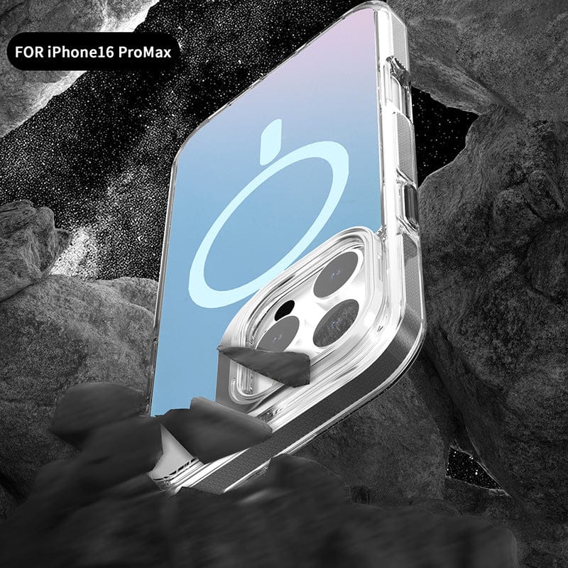 Illustration of the iPhone 16 Pro Max Case with Iridescent Finish, MagSafe Compatible, highlighting the rear camera array, surrounded by rugged rocks.