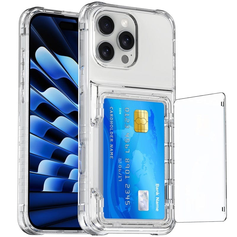 iPhone 16 Pro Max Clear Case with Kickstand and Card Holder, featuring a shockproof TPU + PC protective cover, holding a blue debit card, displayed on a smartphone with a blue wavy wallpaper.