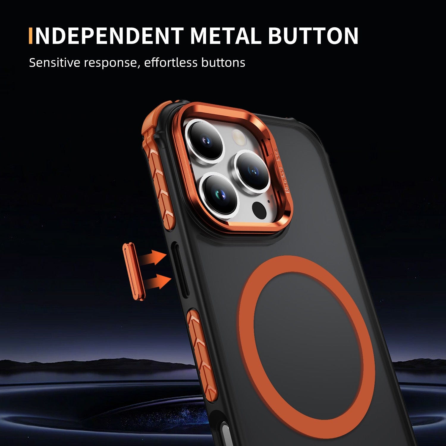 The iPhone 16 Pro Max Rugged MagSafe Case offers dual-layer shockproof protection and features an independent metal button for a sensitive response. Its effortless buttons and orange accents around the camera cutout enhance its sleek look, while MagSafe compatibility ensures seamless connectivity with your accessories.