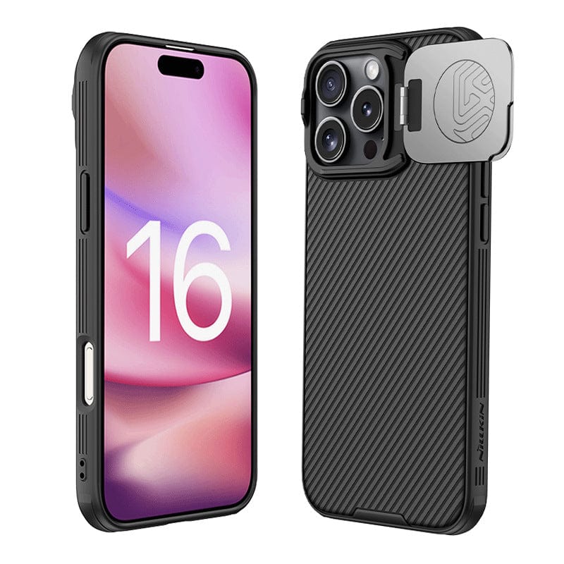 Experience the reliability and style of the Shockproof Slim Fit iPhone 16 Pro Max Case with MagSafe, offering dual-layer protection, a black textured ergonomic anti-slip grip, and a slide cover to safeguard your rear cameras. The screen showcases the number "16" on a vibrant pink and purple abstract background.