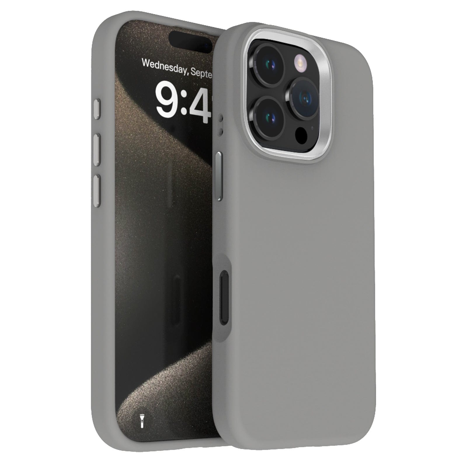 Two smartphones with grey Liquid Silicone iPhone 16 Pro Max Cases with Soft Microfiber Lining; the front phone's screen displays the time as 9:44 and the date as Wednesday, September 13. The shockproof protective covers also feature metal rings for enhanced camera protection.