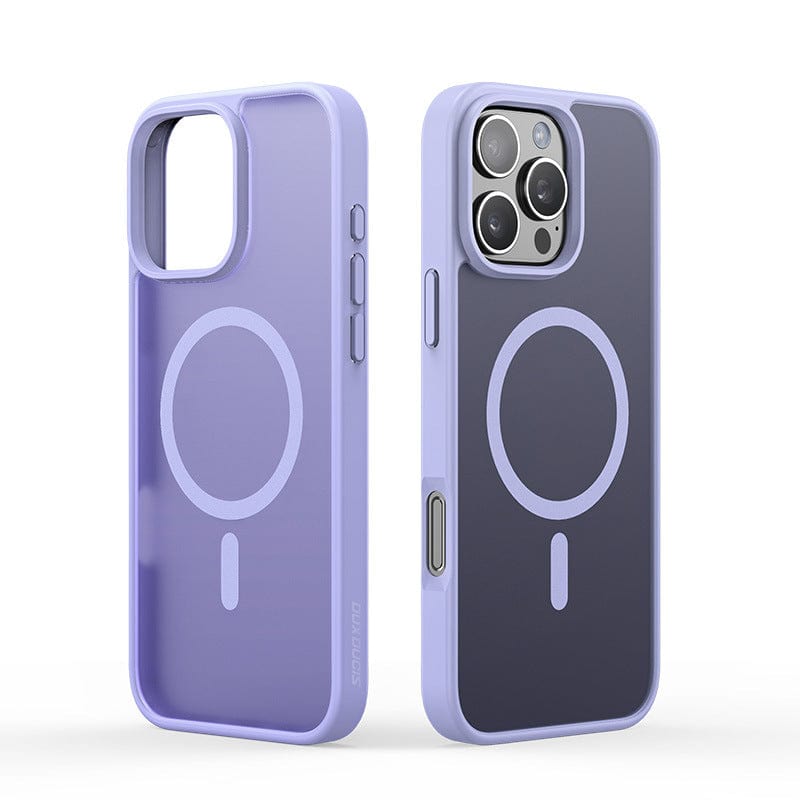 Two views of the iPhone 16 Pro Max Case—both front and back—in a lavender color, featuring a circular pattern. This matte-finish case is MagSafe compatible, anti-fingerprint, and equipped with a shockproof PC backplate.