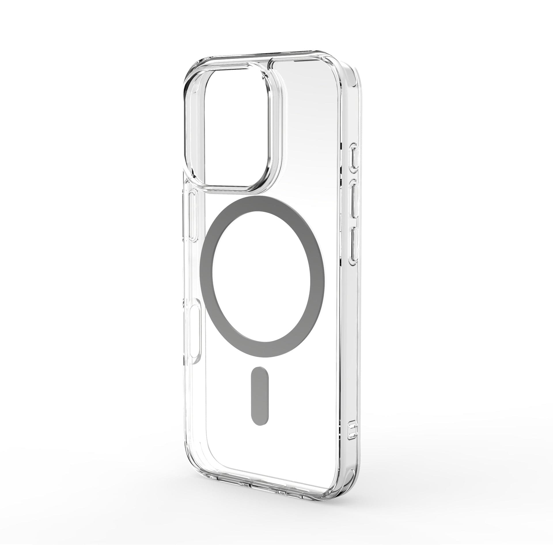 The Ultra-Thin Clear iPhone 16 Pro Max Case with MagSafe features a 0.07mm slim fit, shockproof bumper with airbag corners, and a TPU frame paired with a PC back. It includes a circular magnetic attachment area on the back for secure mounting and is designed to protect your smartphone with an integrated camera module.