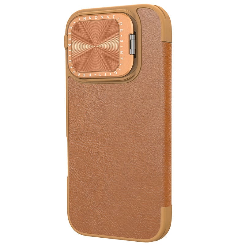 An iPhone 16 Pro Max leather flip case with a card holder, featuring a brown color, full protection, and a metallic lens cover around the camera cutout.