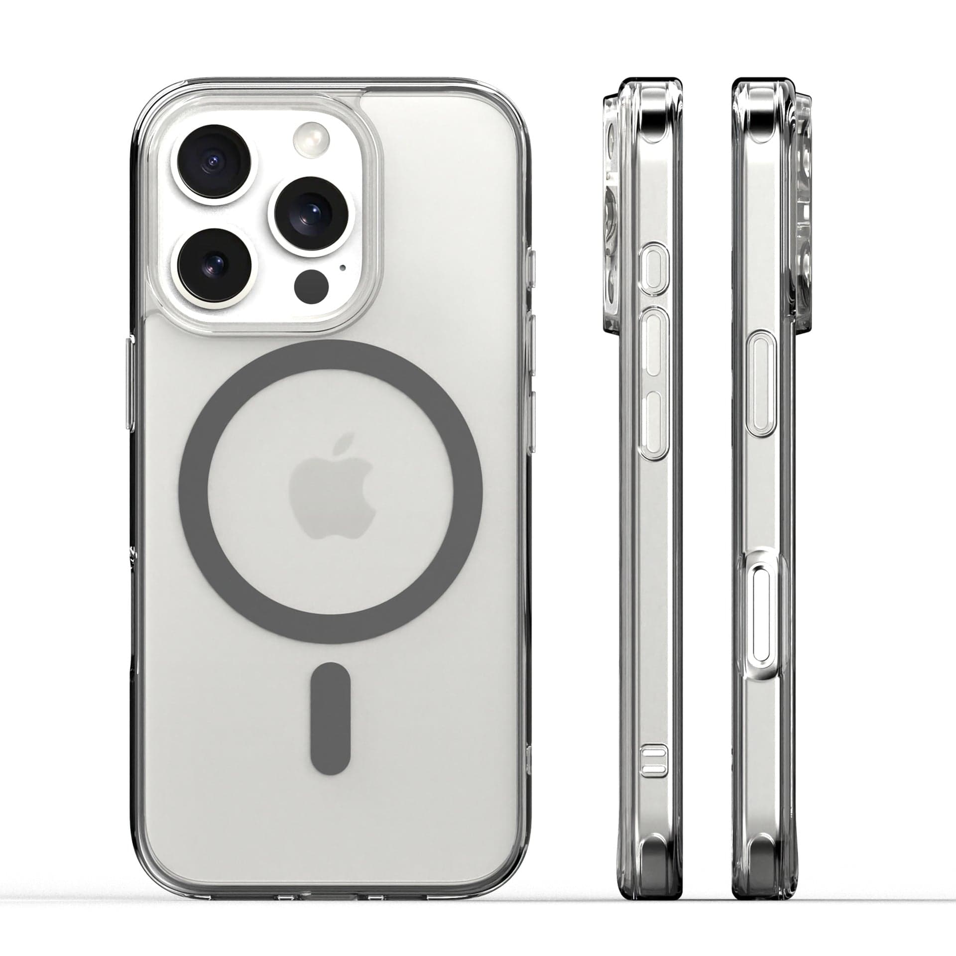 Ultra-thin clear iPhone 16 Pro Max Case with MagSafe, featuring a circular MagSafe design on the back, showcasing its sleek, 0.07mm slim fit build from rear and side angles.