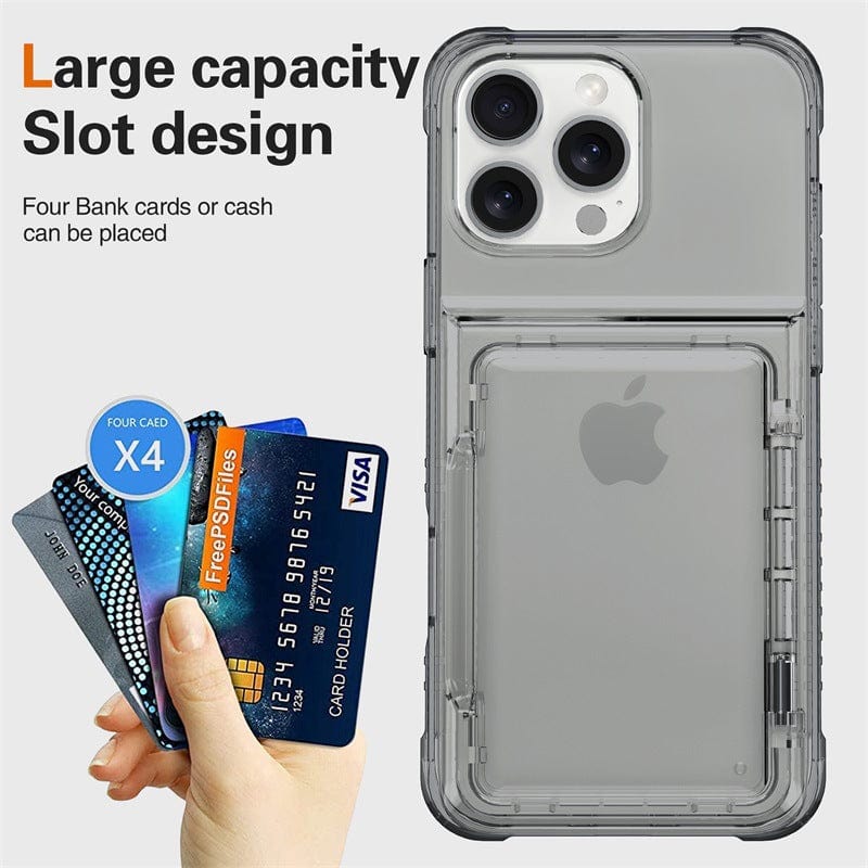 Introducing the iPhone 16 Pro Max Clear Case with Kickstand and Card Holder, designed with a "Large capacity Slot design" to securely store four cards or cash. This shockproof TPU + PC protective cover combines functionality and style for your device.