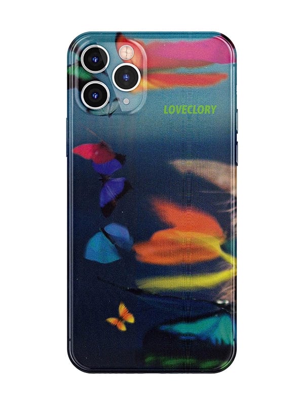 The Vibrant Butterfly Night iPhone 16 Pro Max Case features a colorful gradient butterfly design with the word "LOVEGLORY" stylishly printed on it, offering an artistic and all-inclusive protective cover.