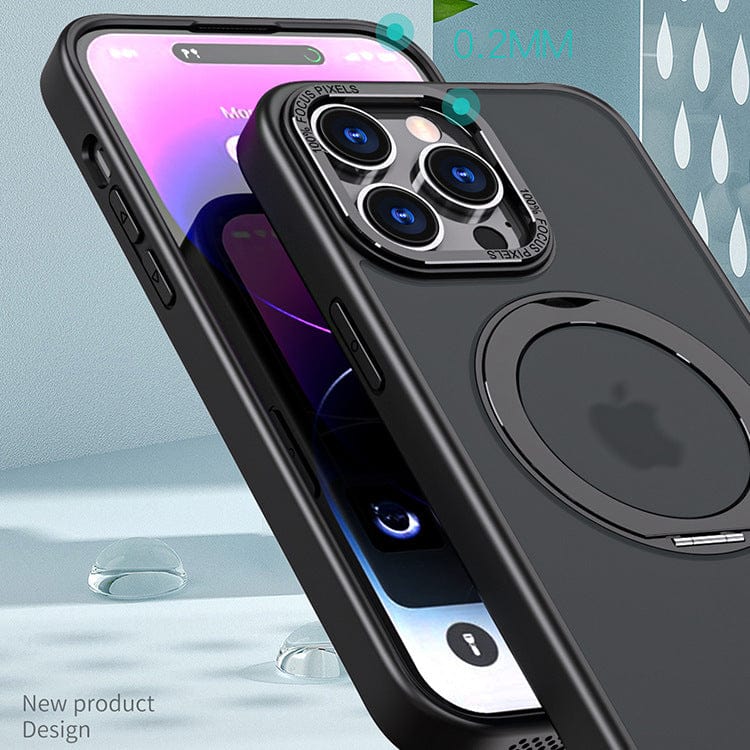 Close-up of an iPhone 16 Pro Max Case - Shockproof with 360° Rotating Stand, MagSafe Compatible, Anti-Fingerprint, Anti-Smudge, highlighting its camera and screen. Background shows water droplets and a blue gradient. Text reads: "New product design.