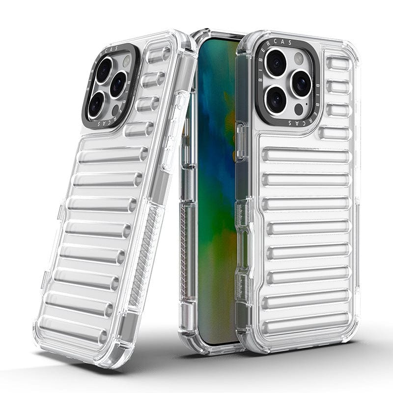 Two smartphones with clear, ribbed protective cases feature dual-layer protection, showing front and back views. The iPhone 16 Pro Max Clear Air Cushion Case offers enhanced durability with shockproof TPU & PC hybrid cover technology.