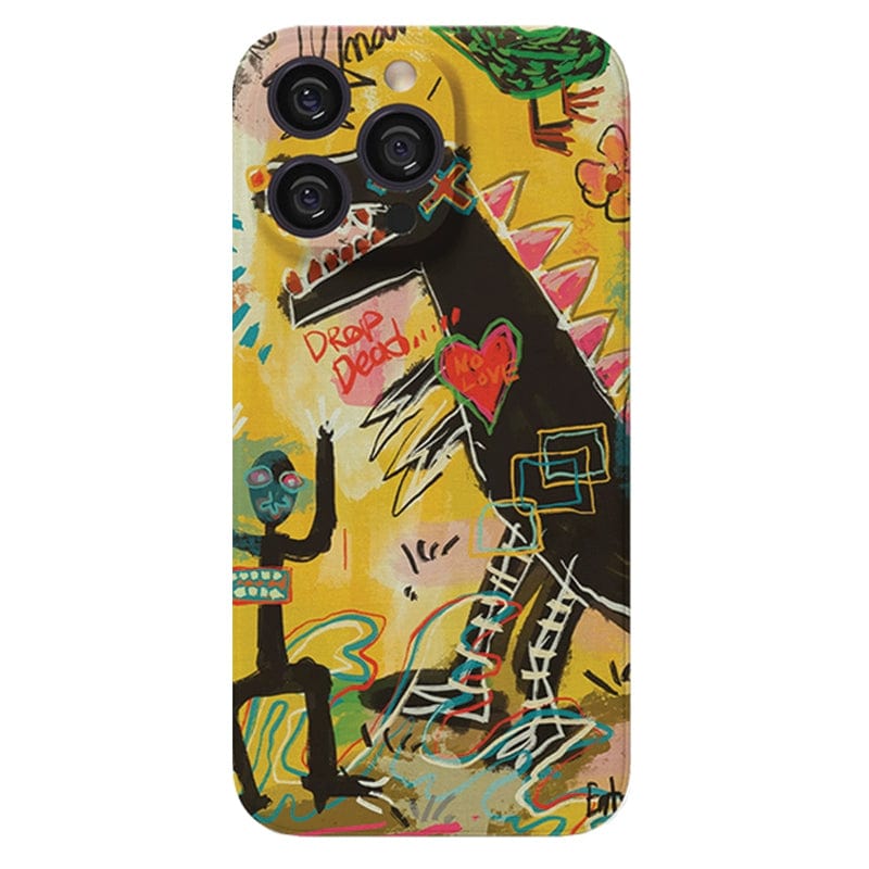 Introducing the Urban Graffiti iPhone 16 Pro Max Case Set from our Bold Street Art Collection—a phone case that showcases abstract, graffiti-style art. It features a black dinosaur with sharp teeth and a speech bubble saying "Drop Dead!" facing off against a smaller, human-like figure. The background bursts with colorful shapes, scribbles, and even includes a bird. Perfectly designed for your iPhone 16 Pro Max case needs.