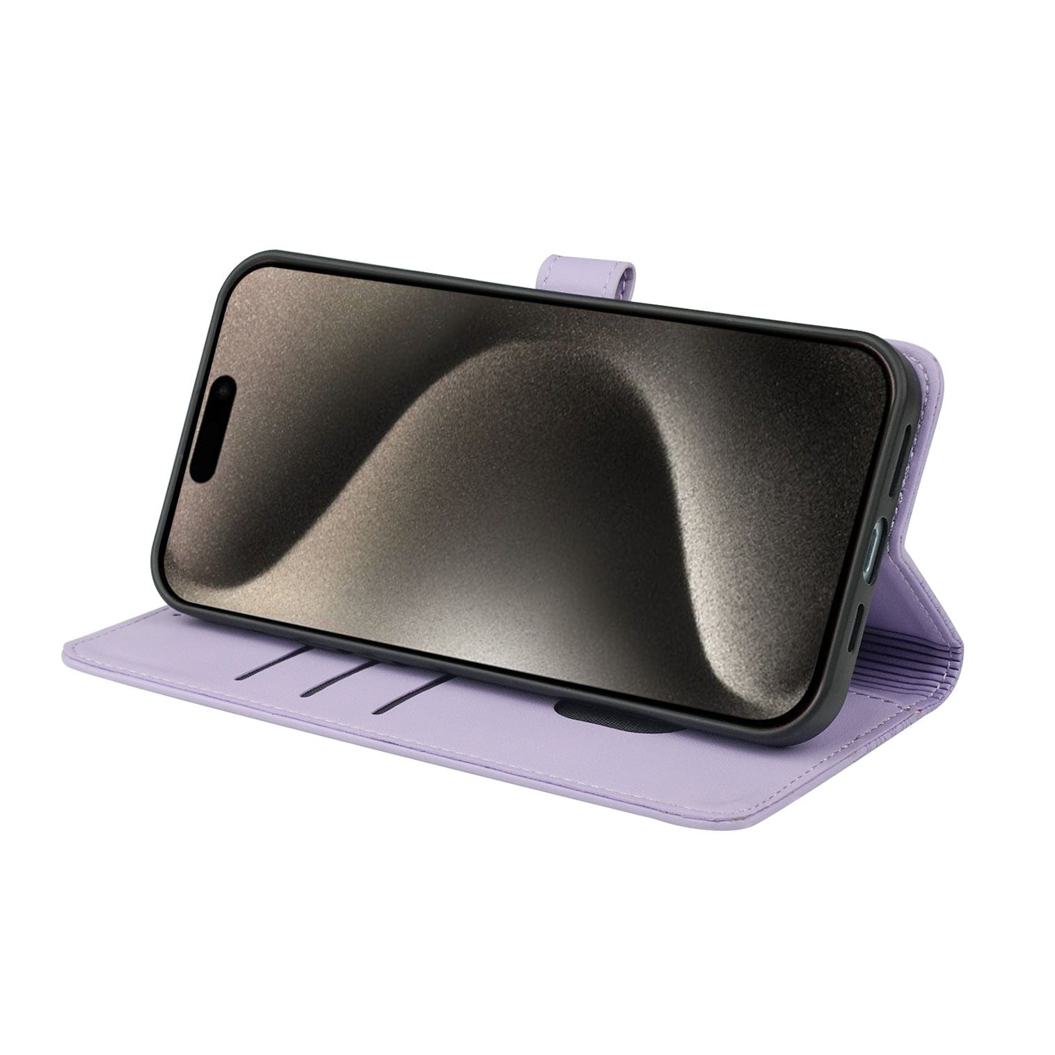 A smartphone in an iPhone 16 Pro Max Wallet Case made of synthetic leather is positioned in a horizontal stand mode. The purple case, which features card slots on the inner cover, includes a magnetic closure and is compatible with MagSafe.