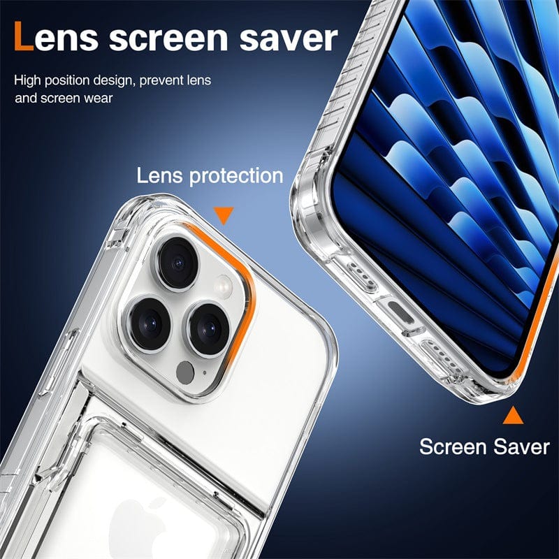 Two iPhone 16 Pro Max Clear Cases with Kickstand and Card Holder features are displayed. The design emphasizes a high position, preventing wear on the lens and screen, while also providing the added convenience of a built-in kickstand.