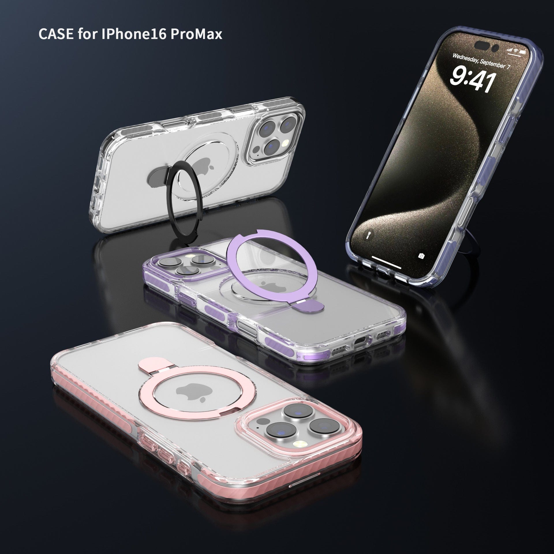 Three iPhone 16 Pro Max Clear Cases with Ring Holders, featuring different colors and displayed at various angles, are depicted next to a black iPhone 16 Pro Max showing the time 9:41. These cases are MagSafe compatible, have a high-gloss finish, and offer shockproof protection.