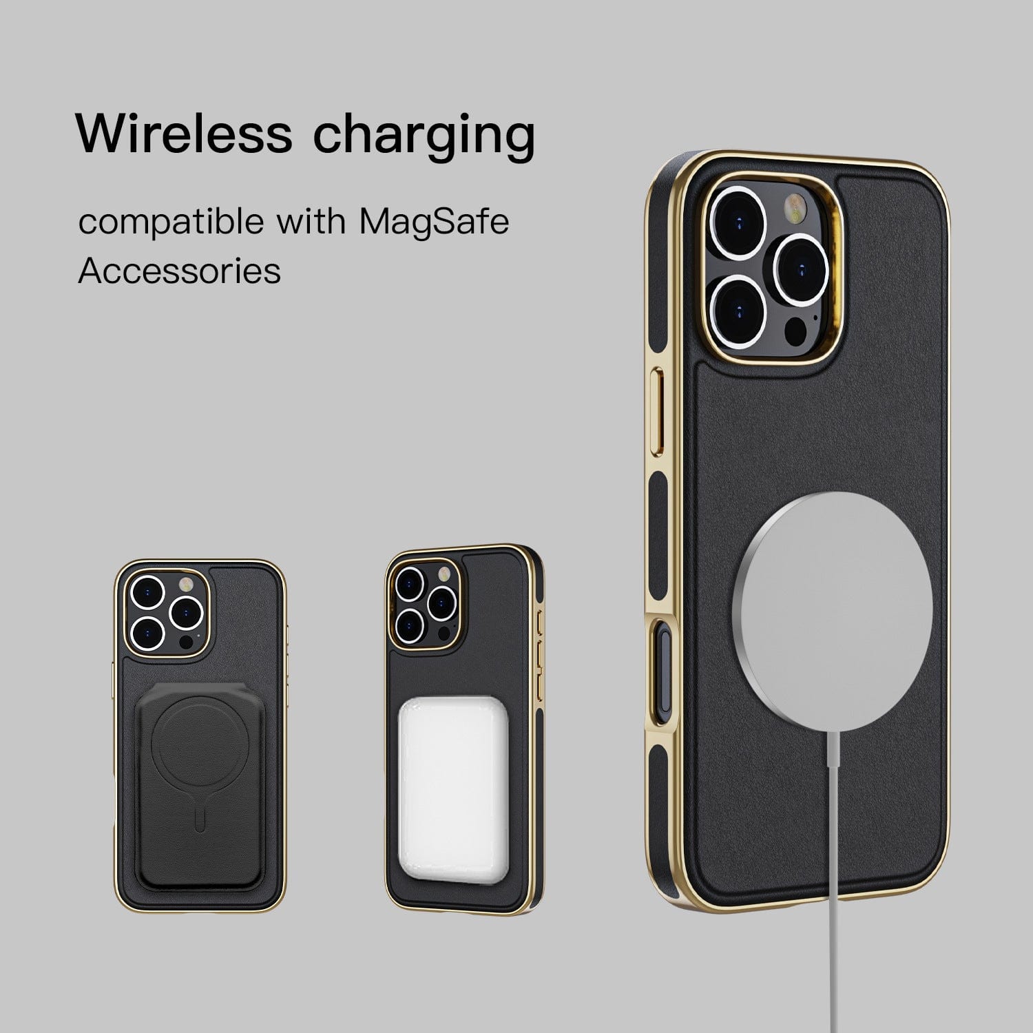 iPhone 16 Pro Max showcased with MagSafe-compatible accessories: Luxury PU Leather Electroplated Bumper Cover, a charger, a cardholder, and an attached charging pad.