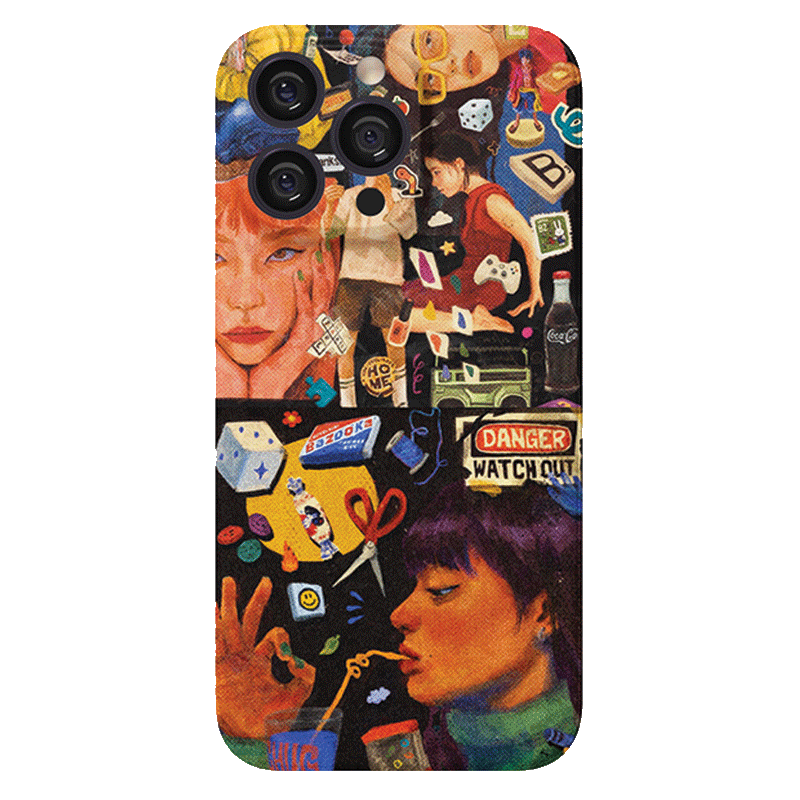 The Eclectic Pop Culture Collage iPhone 16 Pro Max Case - Vibrant, Retro-Inspired, and Artistic Design is adorned with a vibrant and eclectic collage of various items, including faces, scissors, dice, soda bottles, playing cards, and signs with messages like "DANGER WATCH OUT." The background bursts with colorful elements and abstract designs.