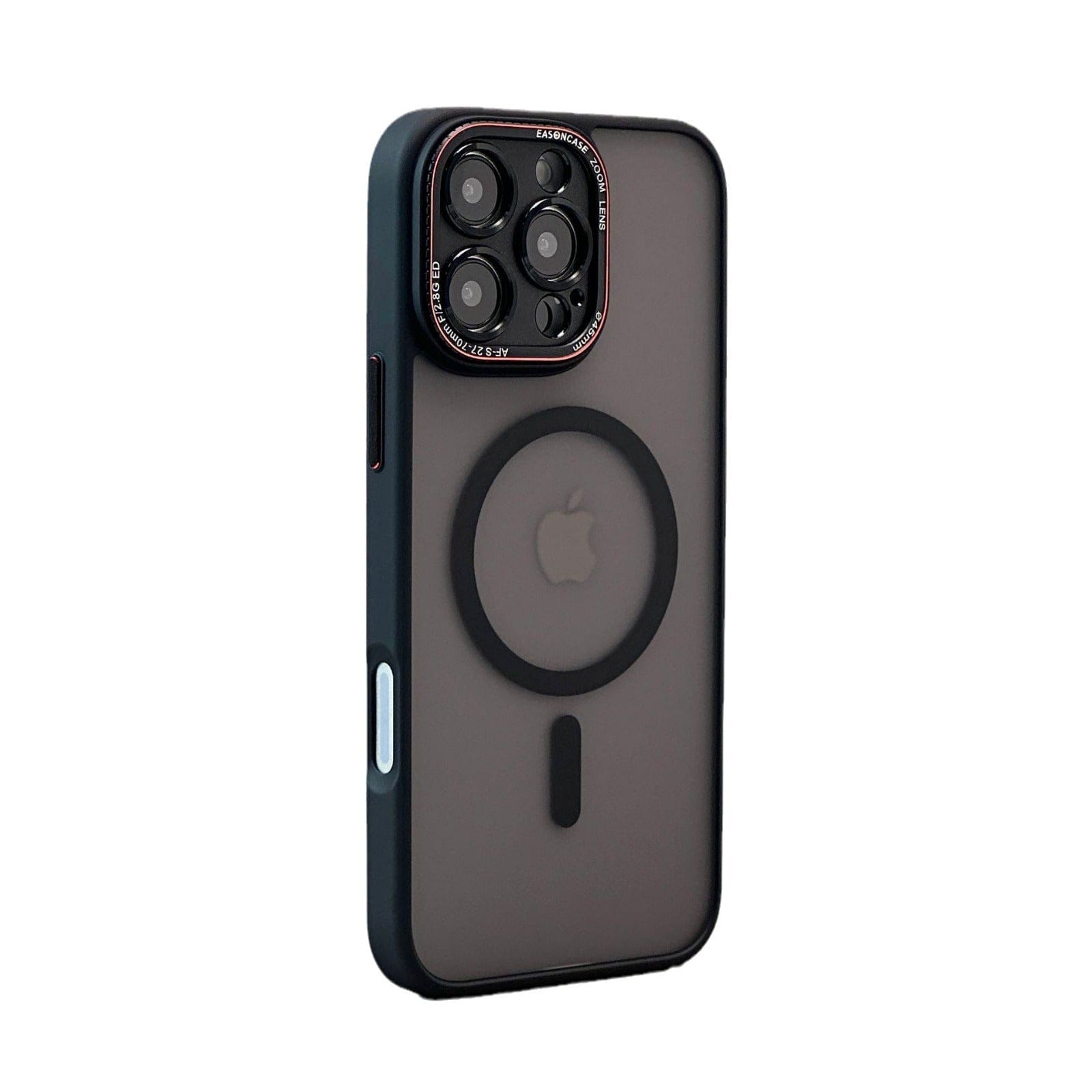 An iPhone 16 Pro Max enclosed in a matte finish, shockproof full-coverage case with MagSafe compatibility, positioned upright and showcasing its rear camera setup along with the centered Apple logo.