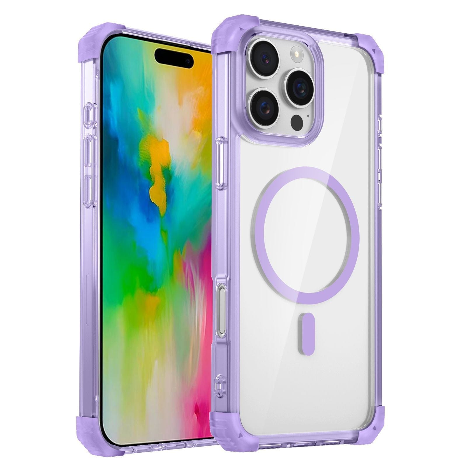 A smartphone adorned with a colorful abstract wallpaper is encased in the iPhone 16 Pro Max Clear MagSafe Case, which boasts purple edges, a circular design on the back, and offers seamless charging compatibility.